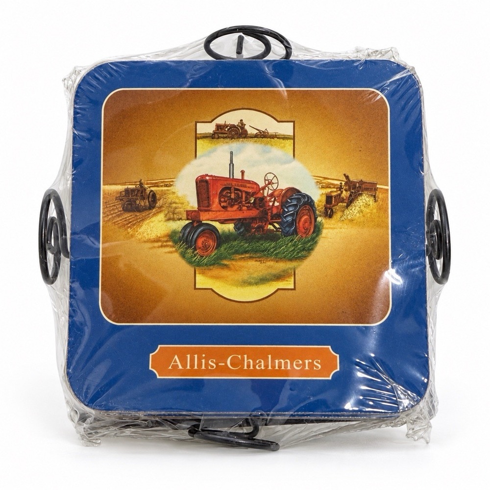 New Allis Chalmers Tractor 4 Coaster Set 4" Cork Back Metal Holder Vintage